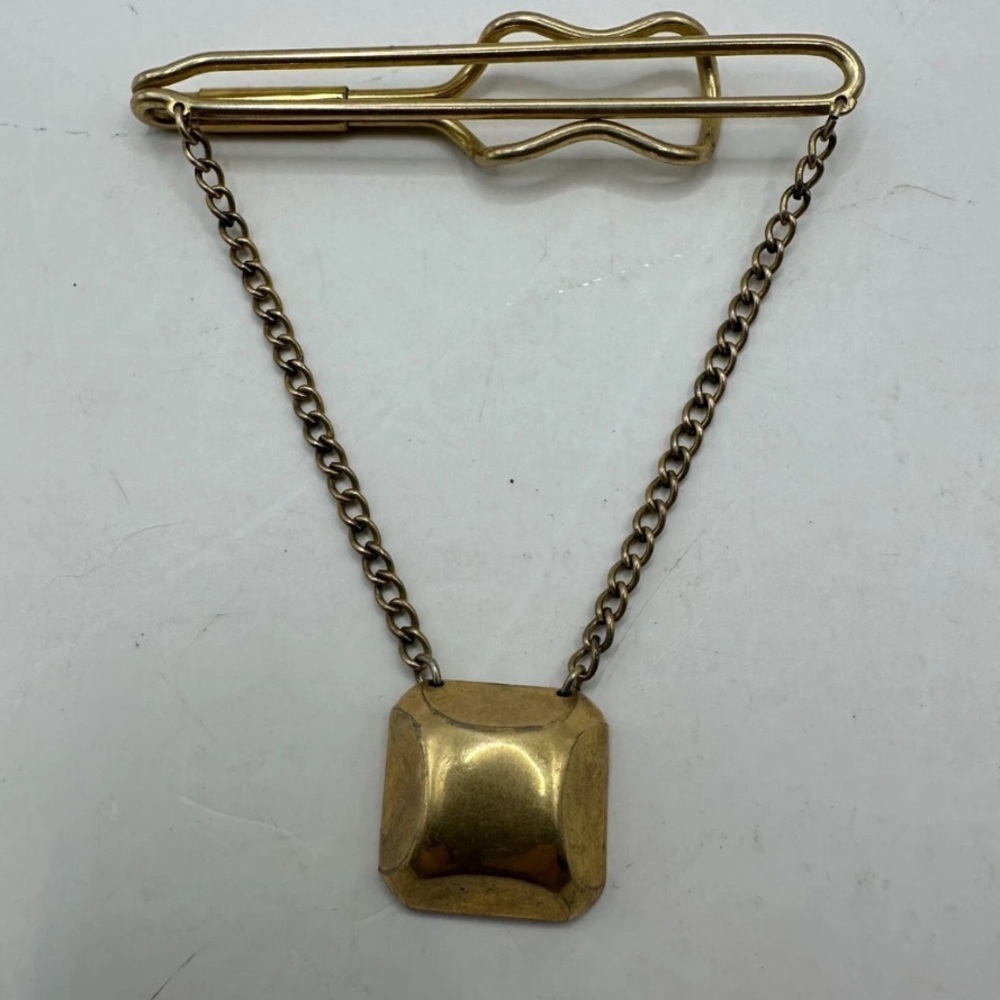 Vintage Hadley Gold Tone Tie Bar With Chain and Square Pendant